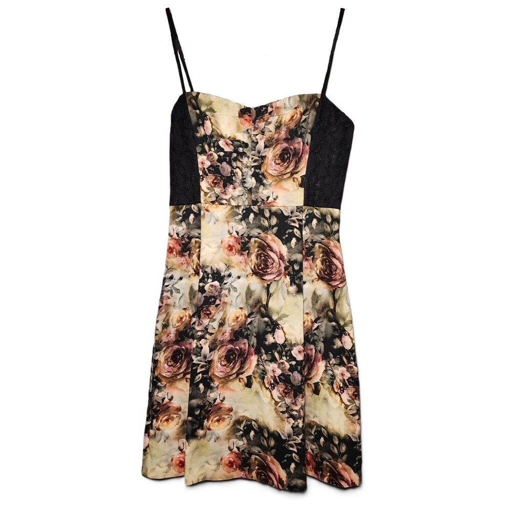 Black Halo Dark Floral high waist A line Dress Size 4 Lace Panels POCKETS